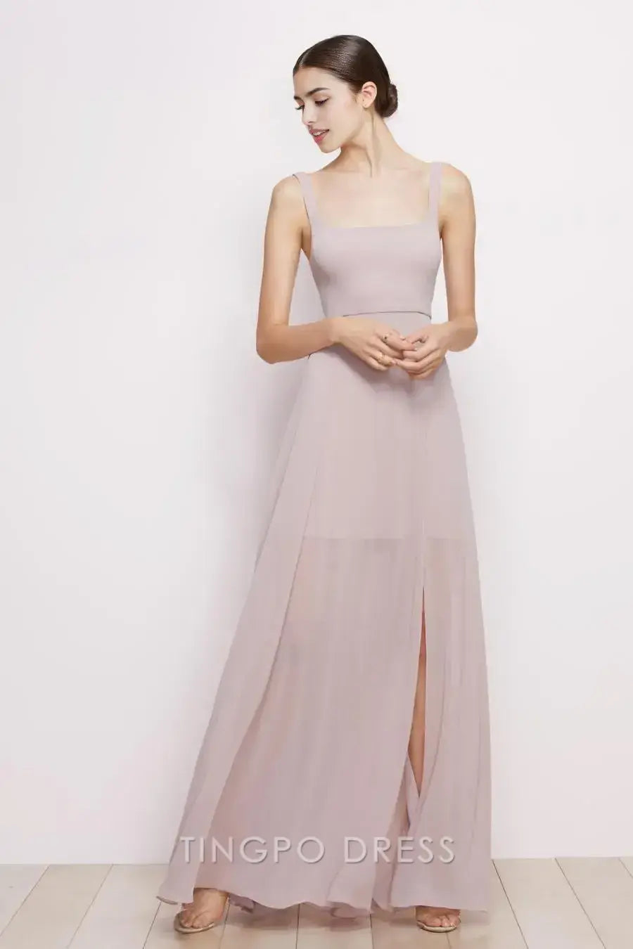 TingPo Wholesale Elegant Blush Pink Square Neck Dress - Sleeveless Chiffon Paneled Maxi Gown